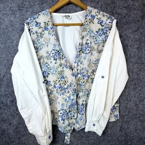 Vintage Tapestry Blouse Vest Women XL Ivory Blue Grandma Classic Floral Tie Back